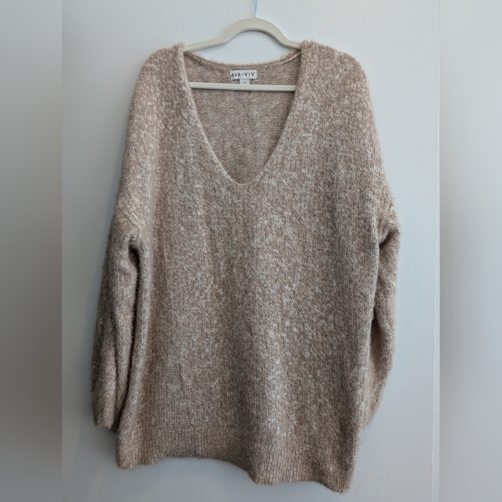 Ava and Viv Fuzzy V-Neck Sweater in White/Cream